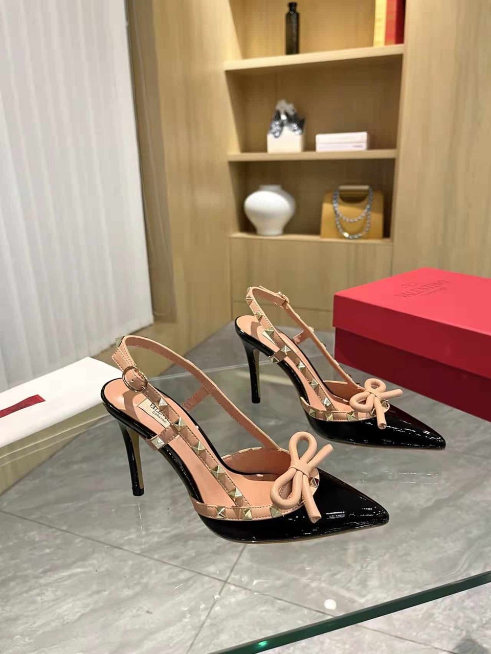 Valentino Rockstud Bow 100 Patent Slingback Pump Black Pink view 8