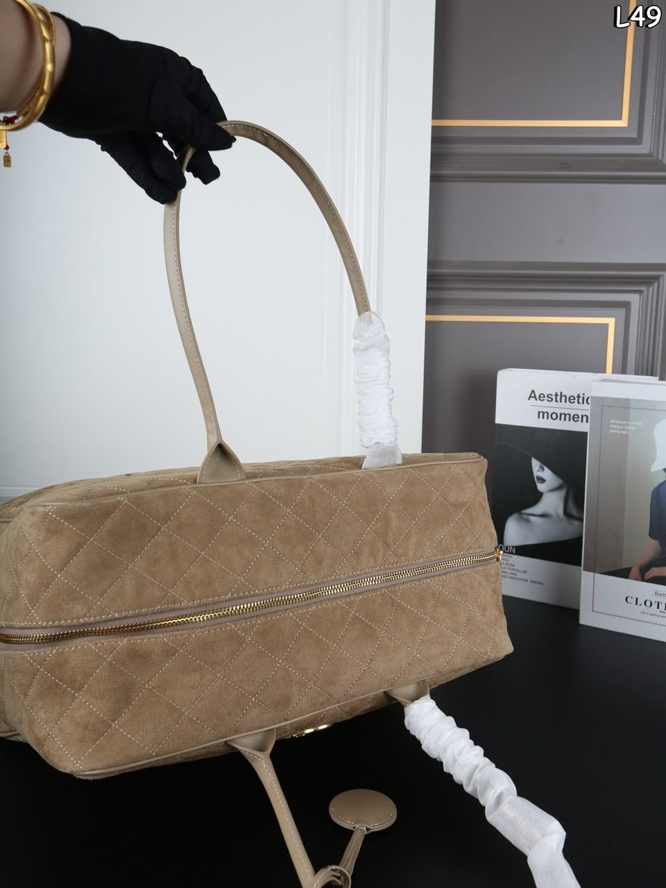 Chanel Maxi Bowling Bag Calfskin Suede, Calfskin Leather &amp; Gold-tone Metal Dark Beige 42cm/16.5in AS6212 view 6