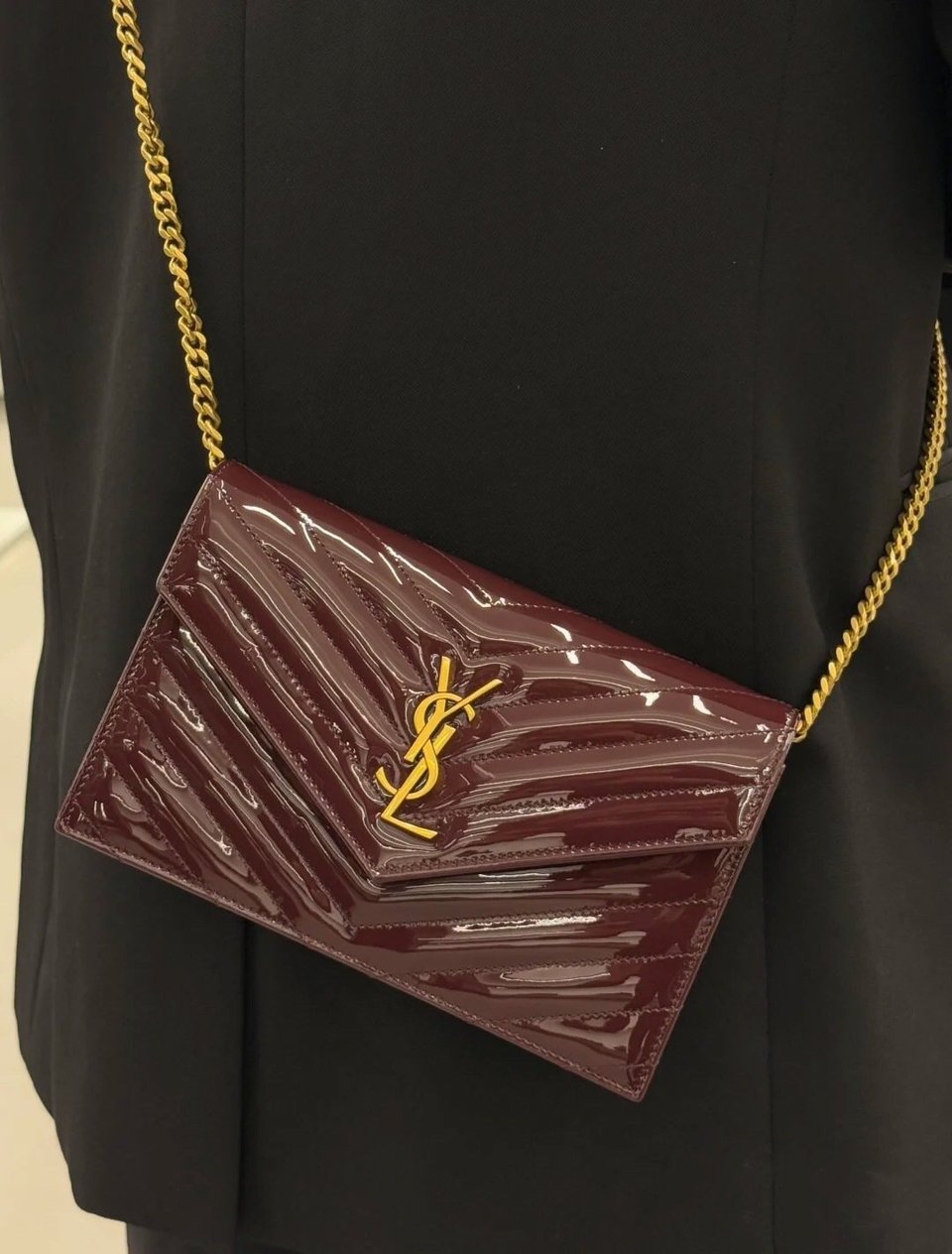 Saint Laurent Envelope Wallet on Chain in Quilted Patent Leather 19cm view 3