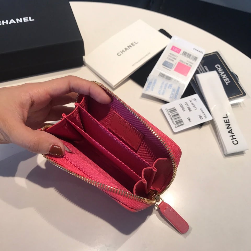 Chanel Zipped Coin Basic Purse 11 Red Pink Calfskin Gold Icon view 7
