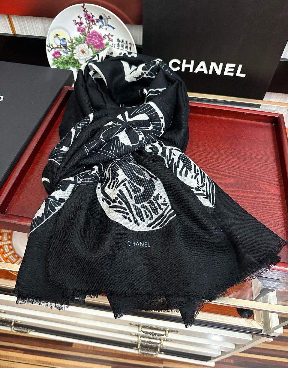 Chanel Silk Shawl Charm Chain Motif Black For Women 200cm view 3