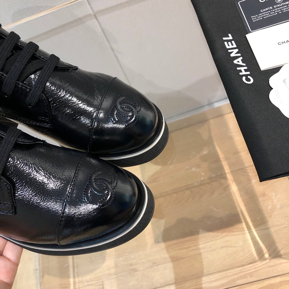 Chanel White Logo Crinkled Leather Combat Boots For Women view 7