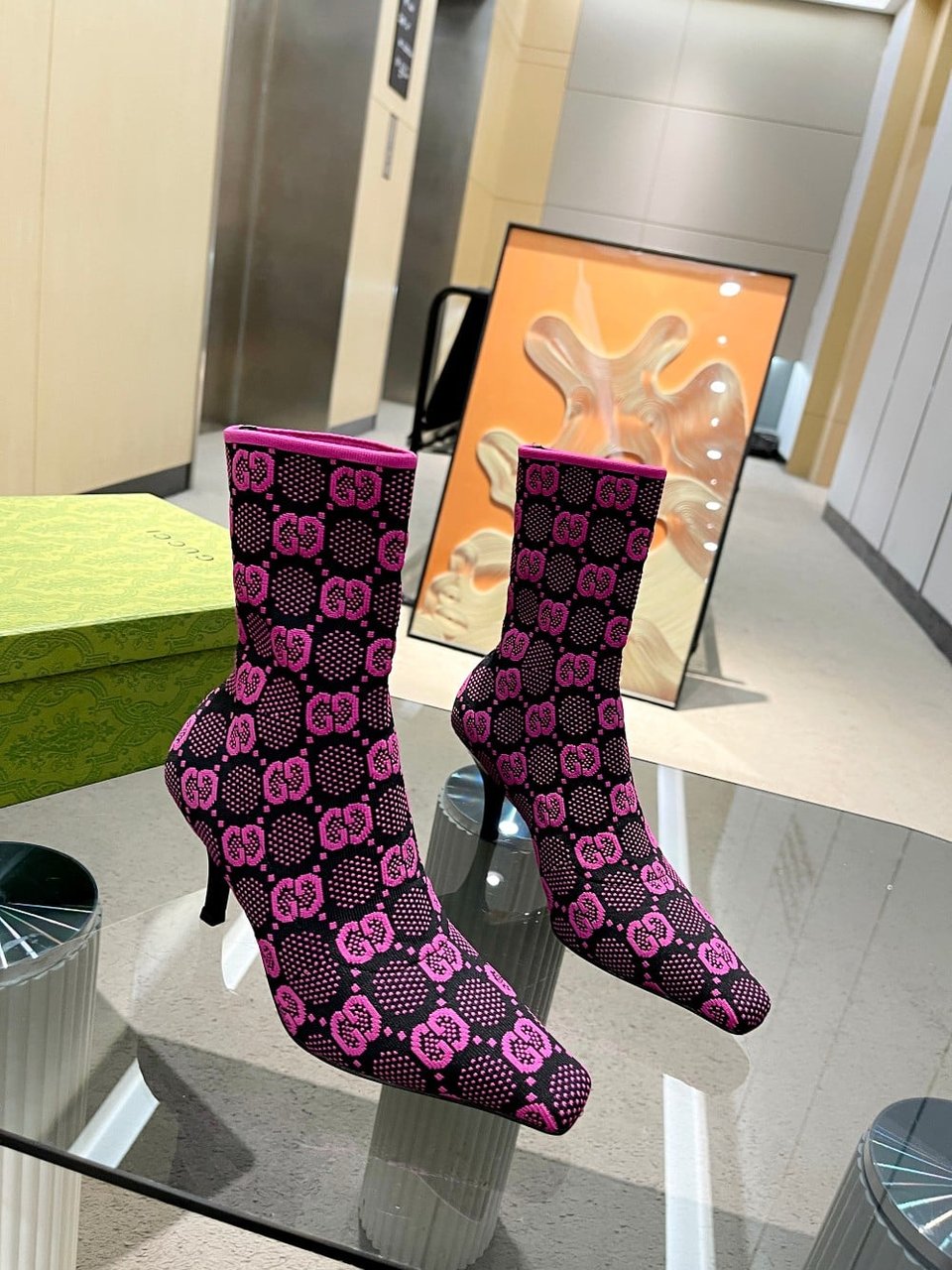 Gucci Gg 75Mm Knit Ankle Boots Black Fluorescent Pink Fabric 718378 Faaqp 8610 view 5