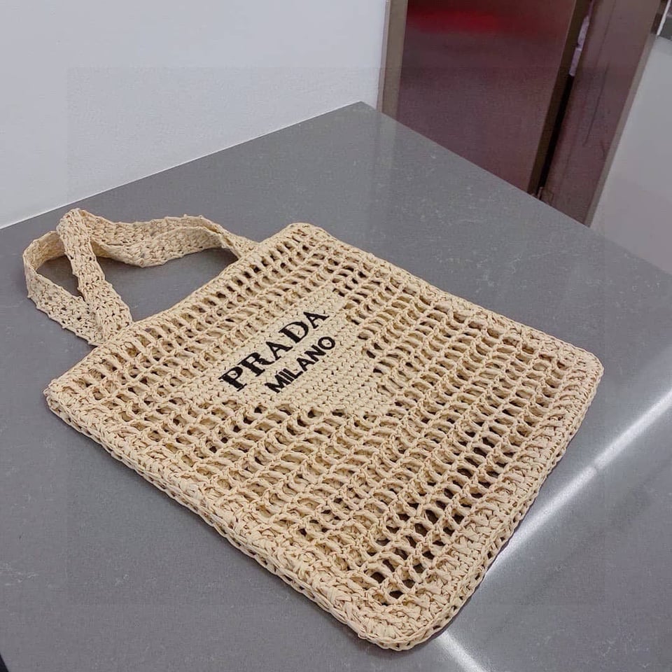 Prada Natural Crochet Logo Tote Bag Beach Bag 38 cm view 8