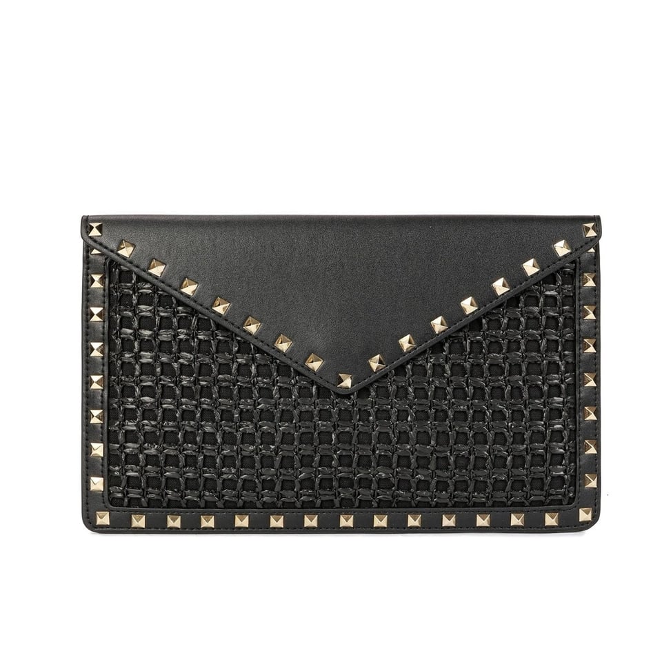 Valentino Garavani Rockstud Raffia Clutch Bag In Black 28Cm view 2