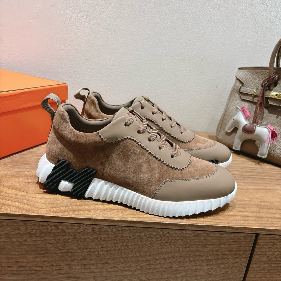 Hermes Bounce Sneakers In Suede And Calfskin Brown- Shoes for Men view 2