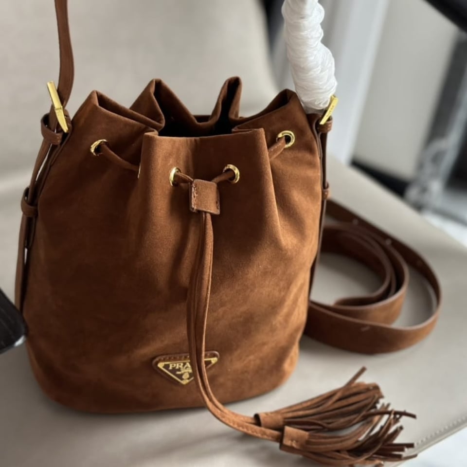Prada Small Suede Bucket Bag In Brown 20Cm view 3