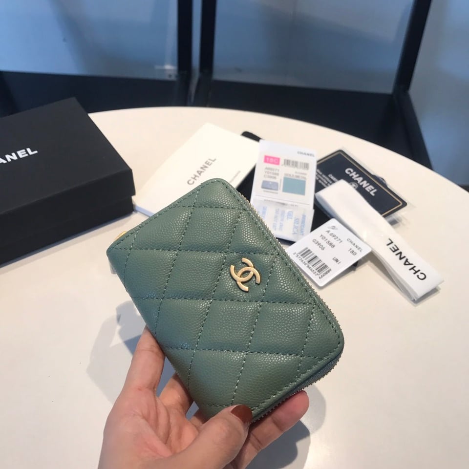 Chanel Zipped Coin Basic Purse 11 Turquoise Calfskin Gold Icon view 3