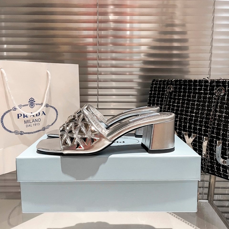 Prada Ciabatte Spazzolato Borchie Sandals Silver view 4