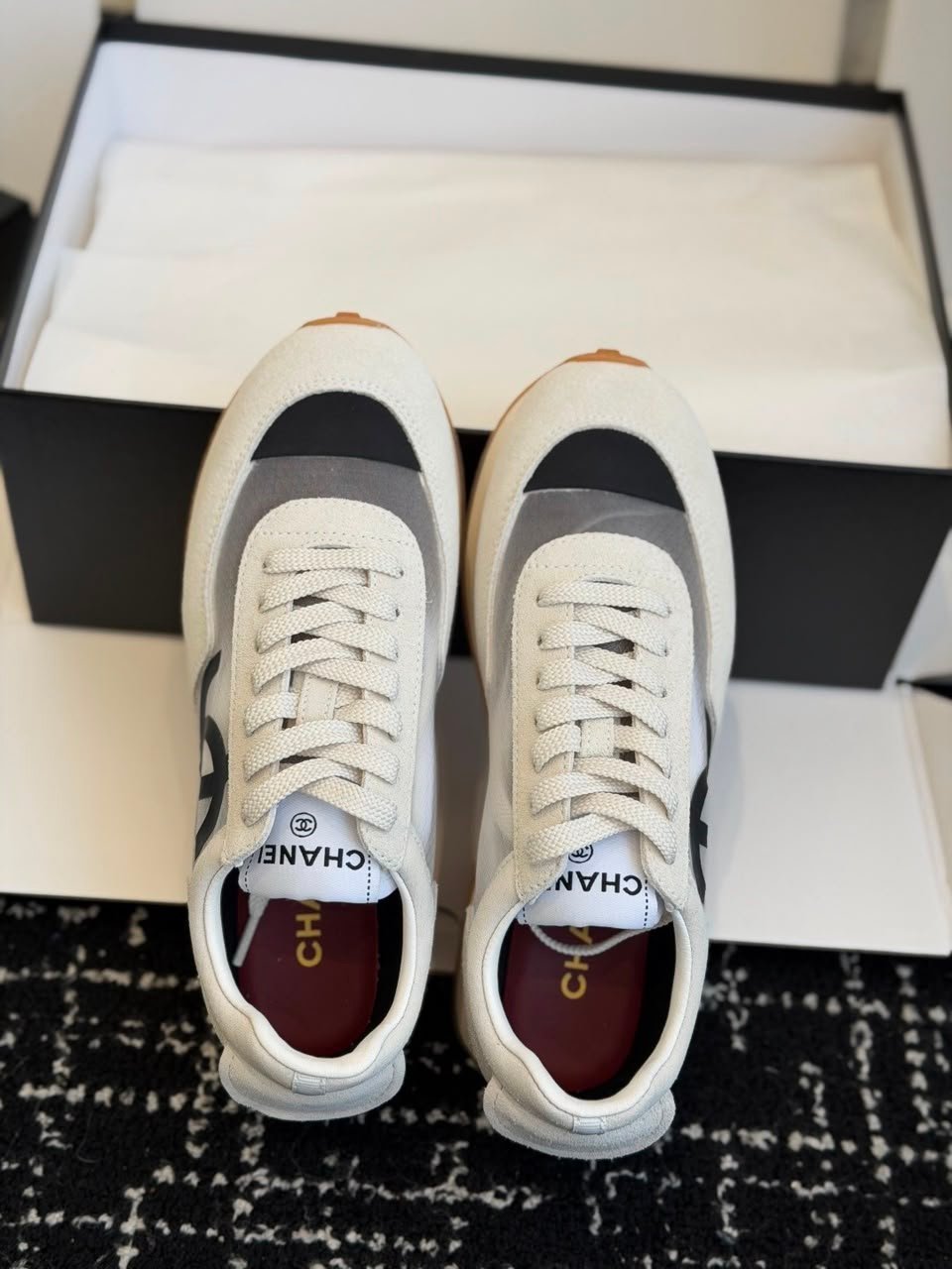 Chanel Mesh Suede Calfskin Sneakers with Black CC Logo Light Grey White &amp; Black G38290 view 3