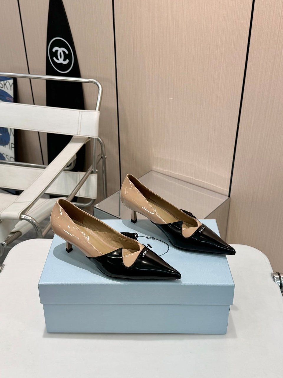Prada Two Tone Toe Kitten Heels In Black And Beige view 3