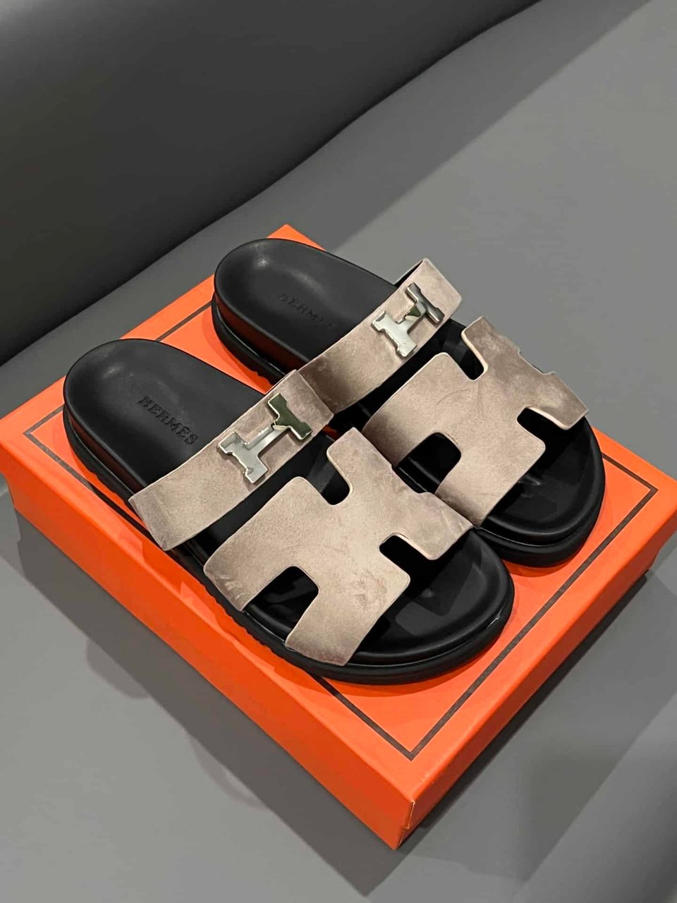 Hermes Chypre Sandal Suede H Logo Silver Hardware Light Brown view 7