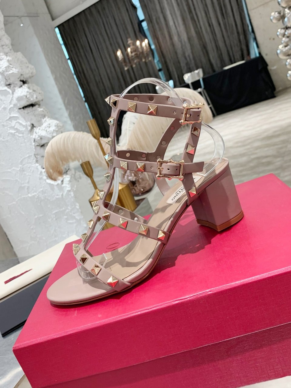 Valentino Garavani Rockstud Leather Sandals Beige view 6