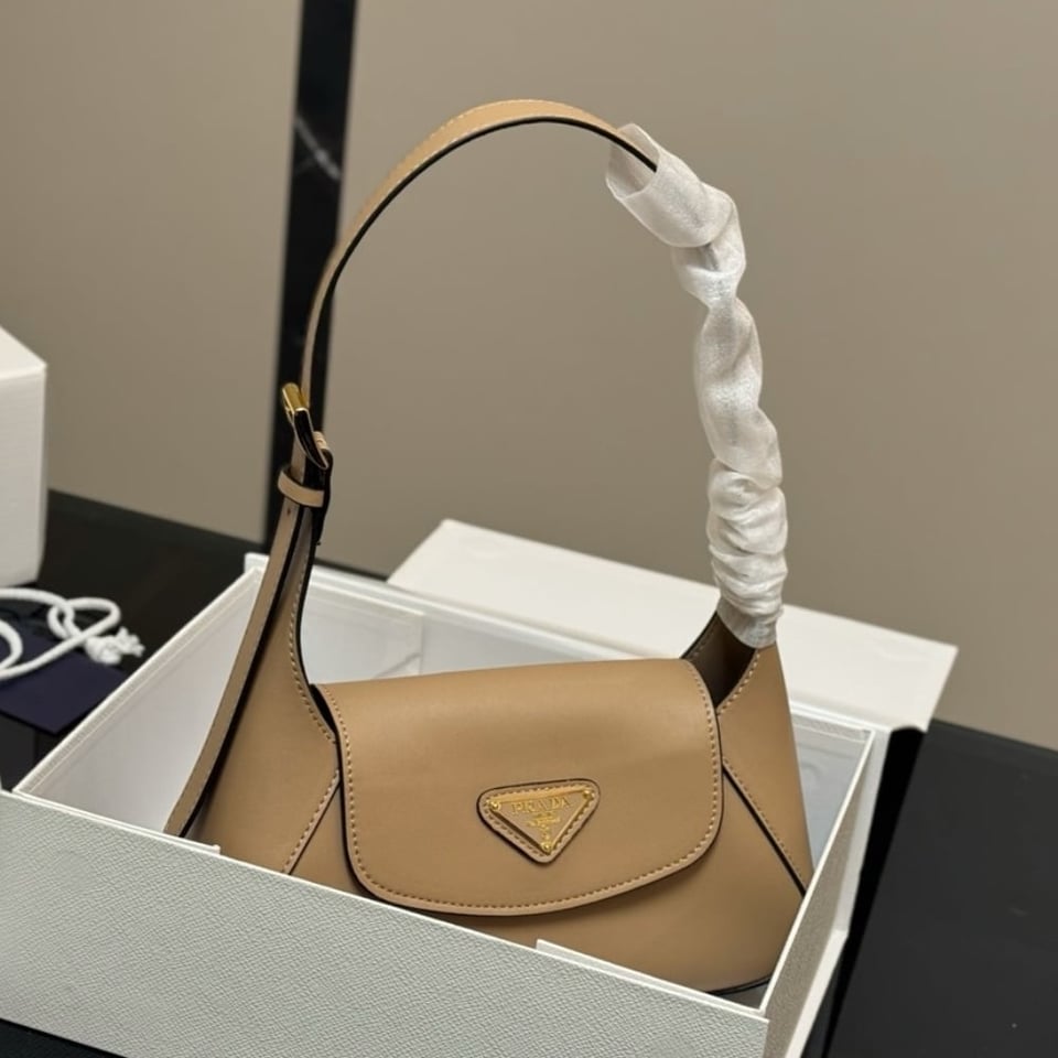 Prada Triangle Logo Shoulder Bag Beige 24Cm view 3