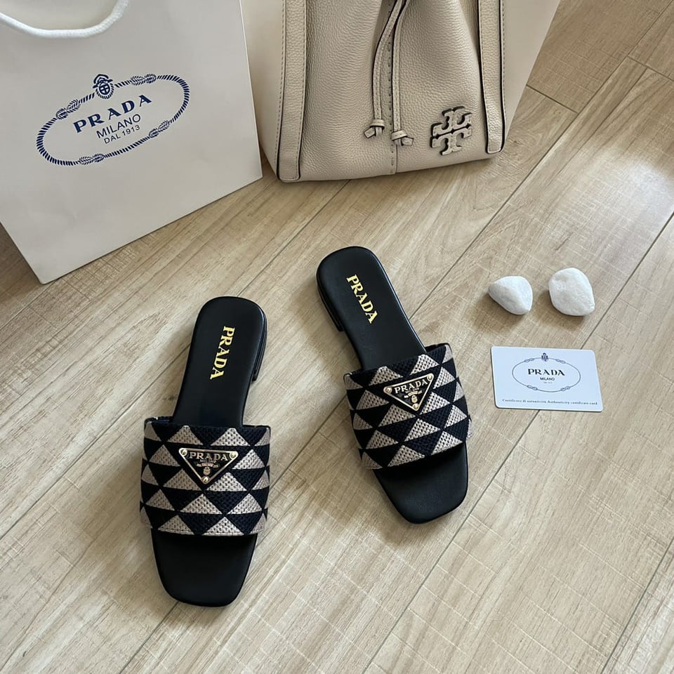 Prada Embroidered Fabric Slides Black White view 8