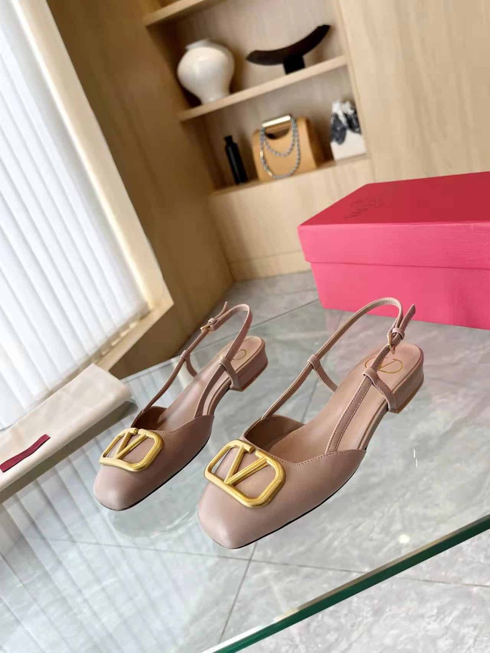 Valentino Garavani V Logo Leather Slingback Flats Beige view 5