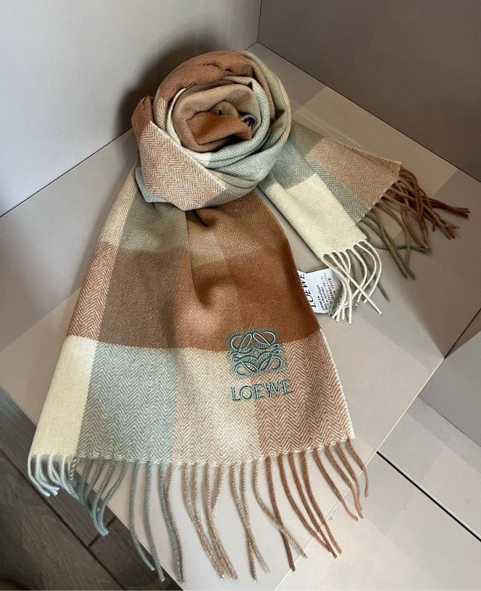 Loewe Cashmere Scarf Check Brown Green For Women 180cm view 2