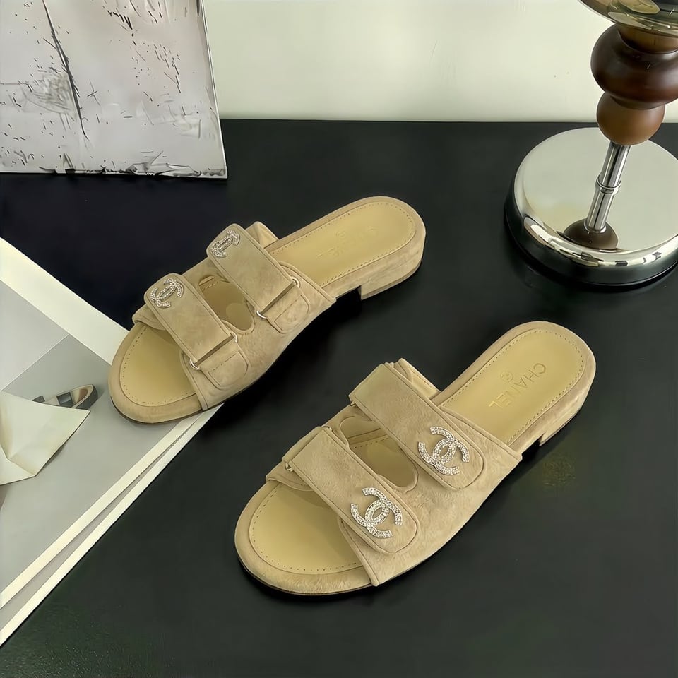 Chanel Suede Calfskin Crystal CC Double Strap Mules Beige Suede G38689 view 10