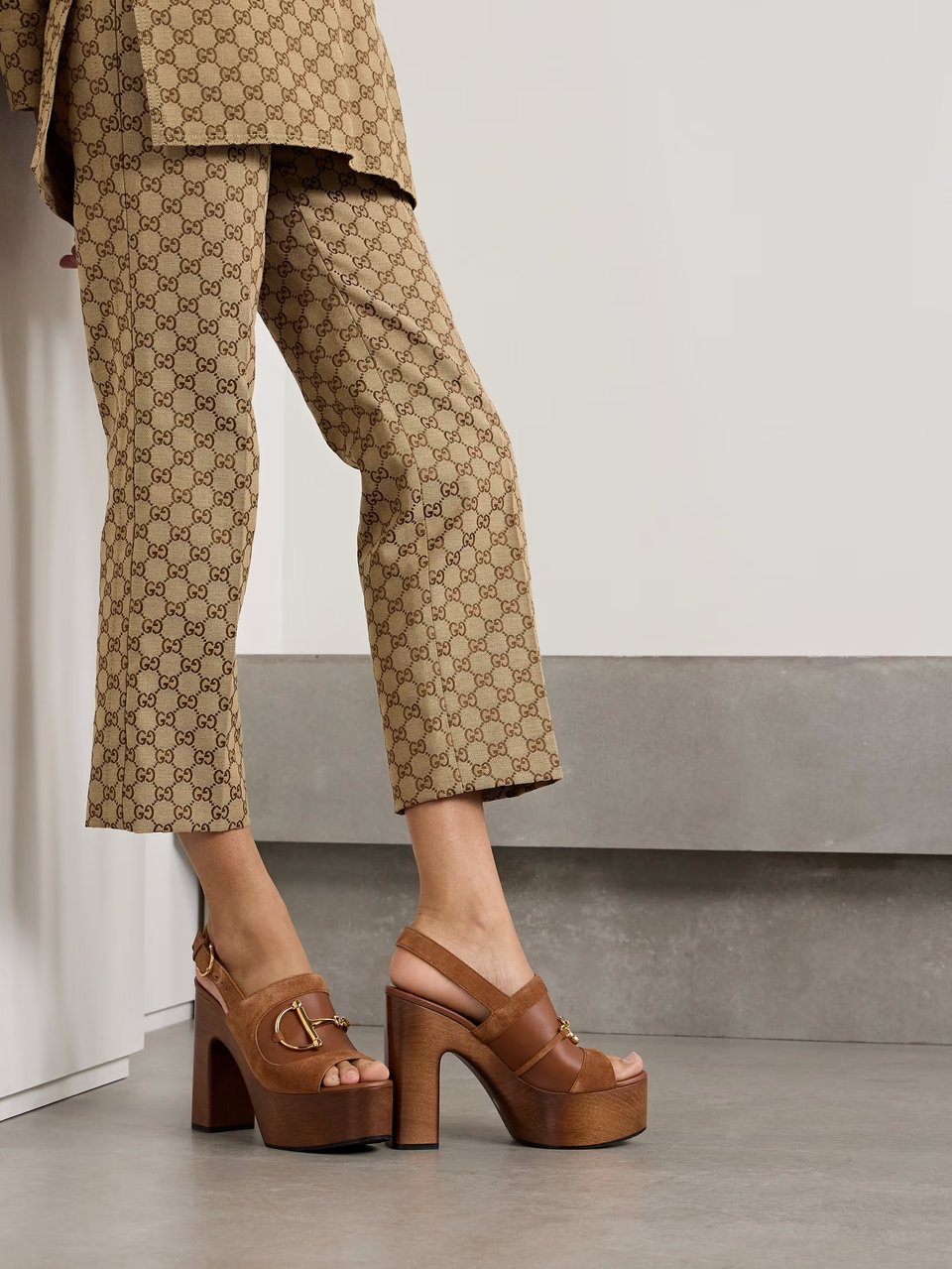 Gucci High Heel Platform Sandal With Horsebit In Brown Suede view 8