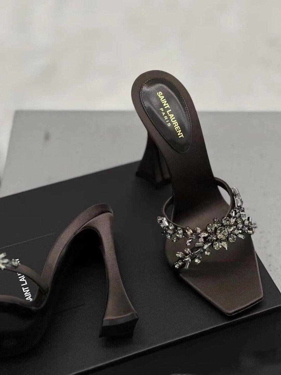 Saint Laurent Liz Mules In Satin And Rhinestones Black view 7