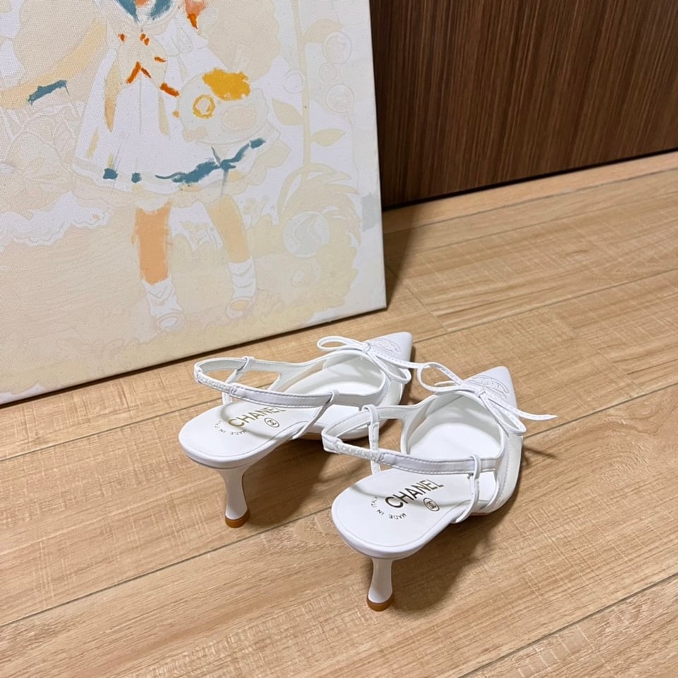 Chanel Cc Leather Pointy Toe Pumps Slingbacks Sandals White view 10