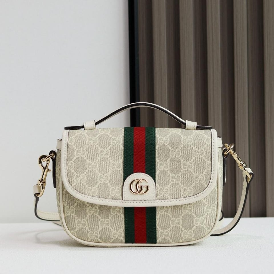 Gucci Ophidia Small Top Handle Bag 20cm/7.9in Beige And White GG Fabric 836843 view 3