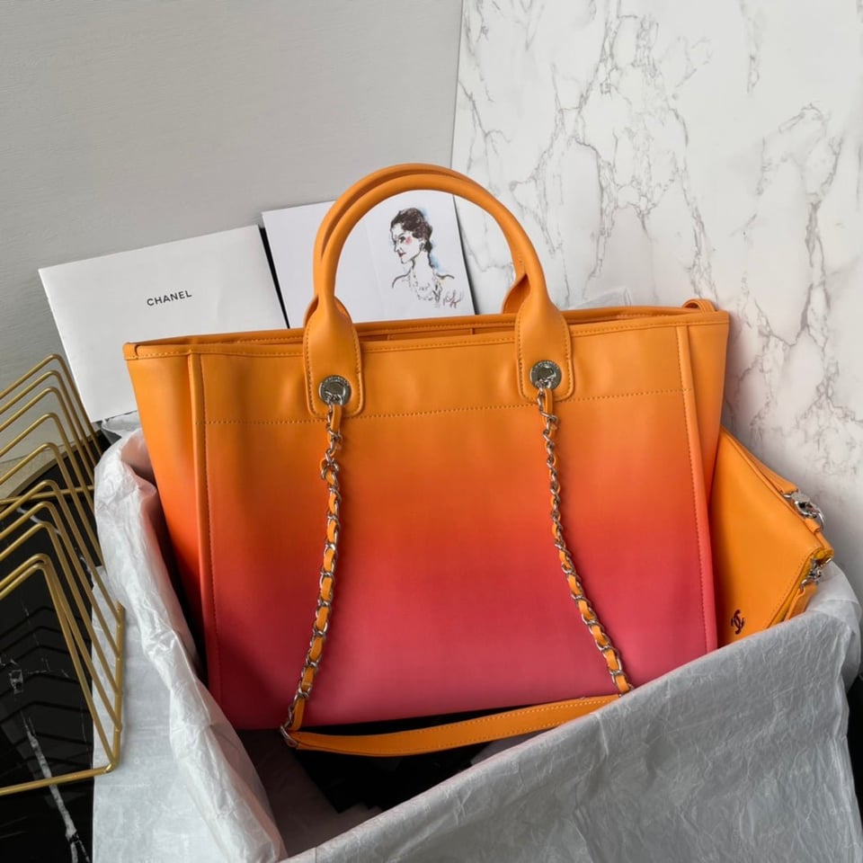 Chanel Shopping Bag 34Cm Orange Purple Calfskin Gold Hardware view 3