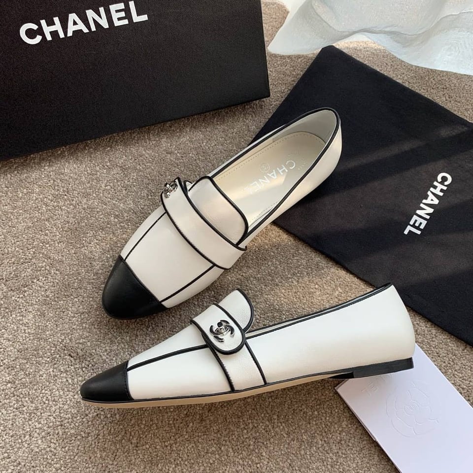 Chanel Leather Cc Cap Toe Slip On Loafers White view 8