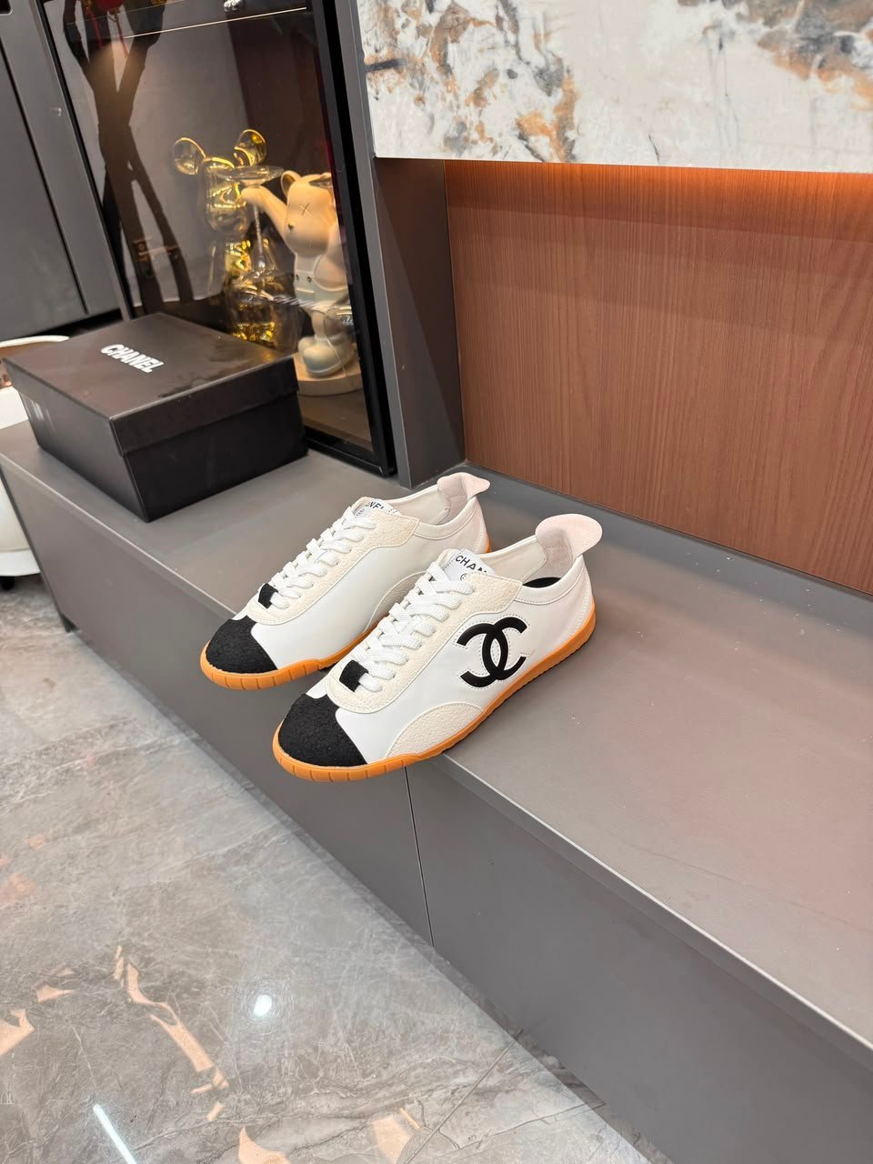 Chanel Calfskin Suede Sneakers with Gum Sole White Black &amp; Gum G39860 view 3