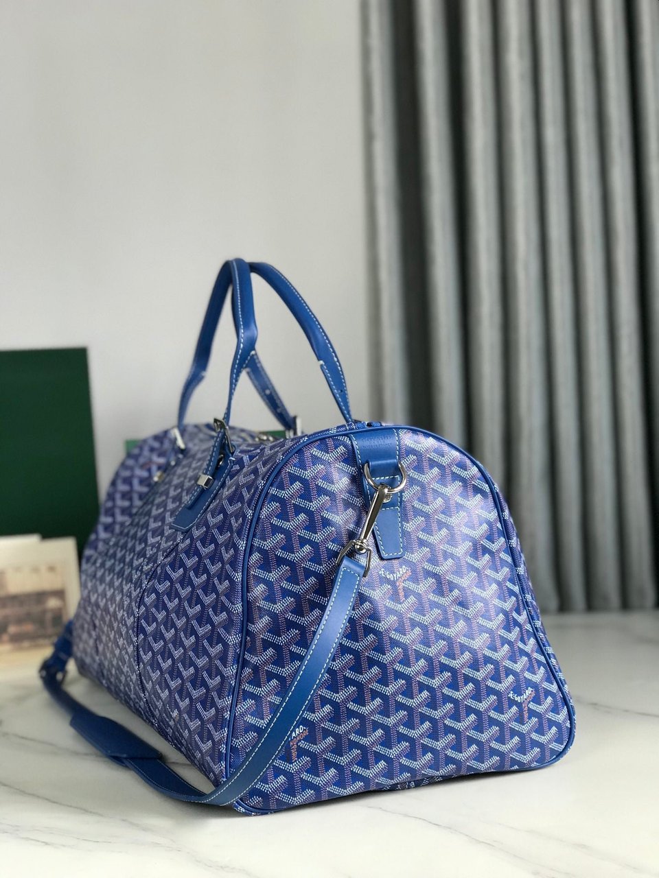 Goyard Boston 50 Bag Cm Sapphire Blue Goyardine Canvas And Calfskin Trim view 3