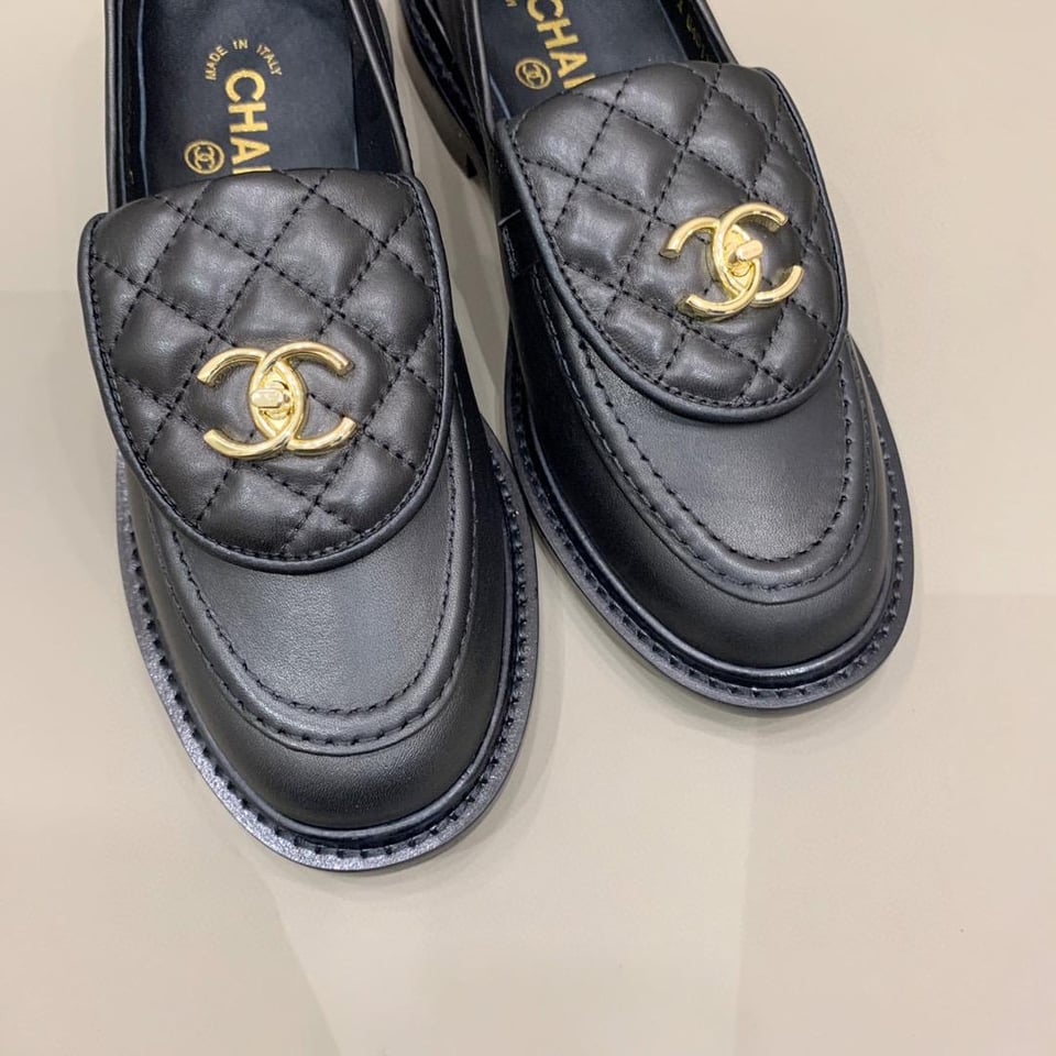 Chanel Quilted Leather Loafers Black with Gold CC Logo view 4