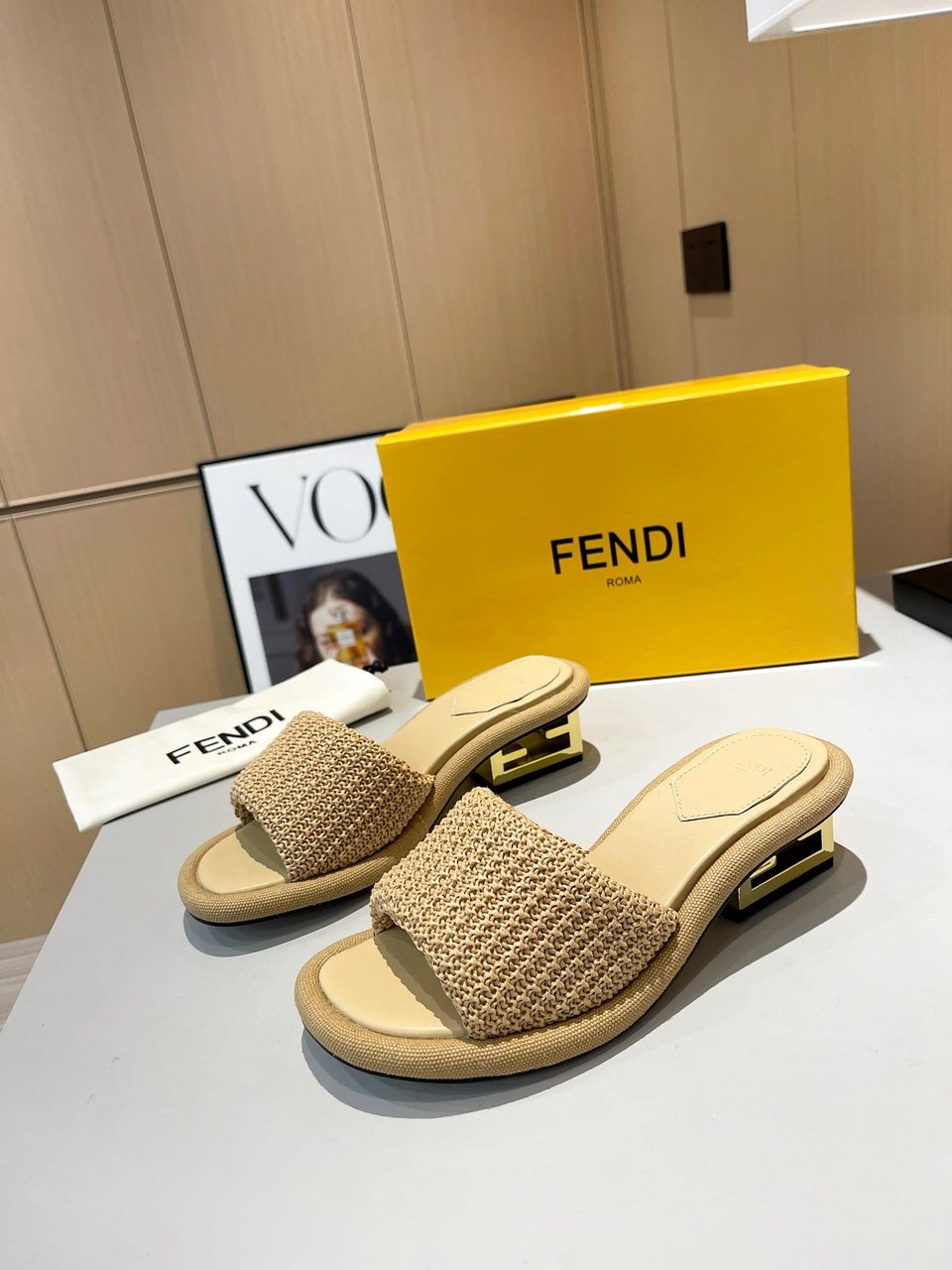 Fendi Baguette Raffia Slide Sandal Natural Neutral view 10