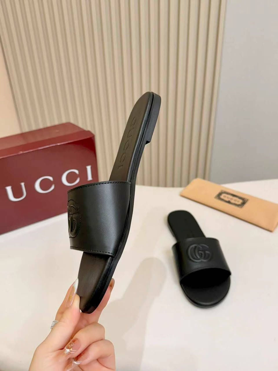 Gucci Slide Sandal With Double G Black Leather ‎874910 AAGT4 1000 For Women view 8