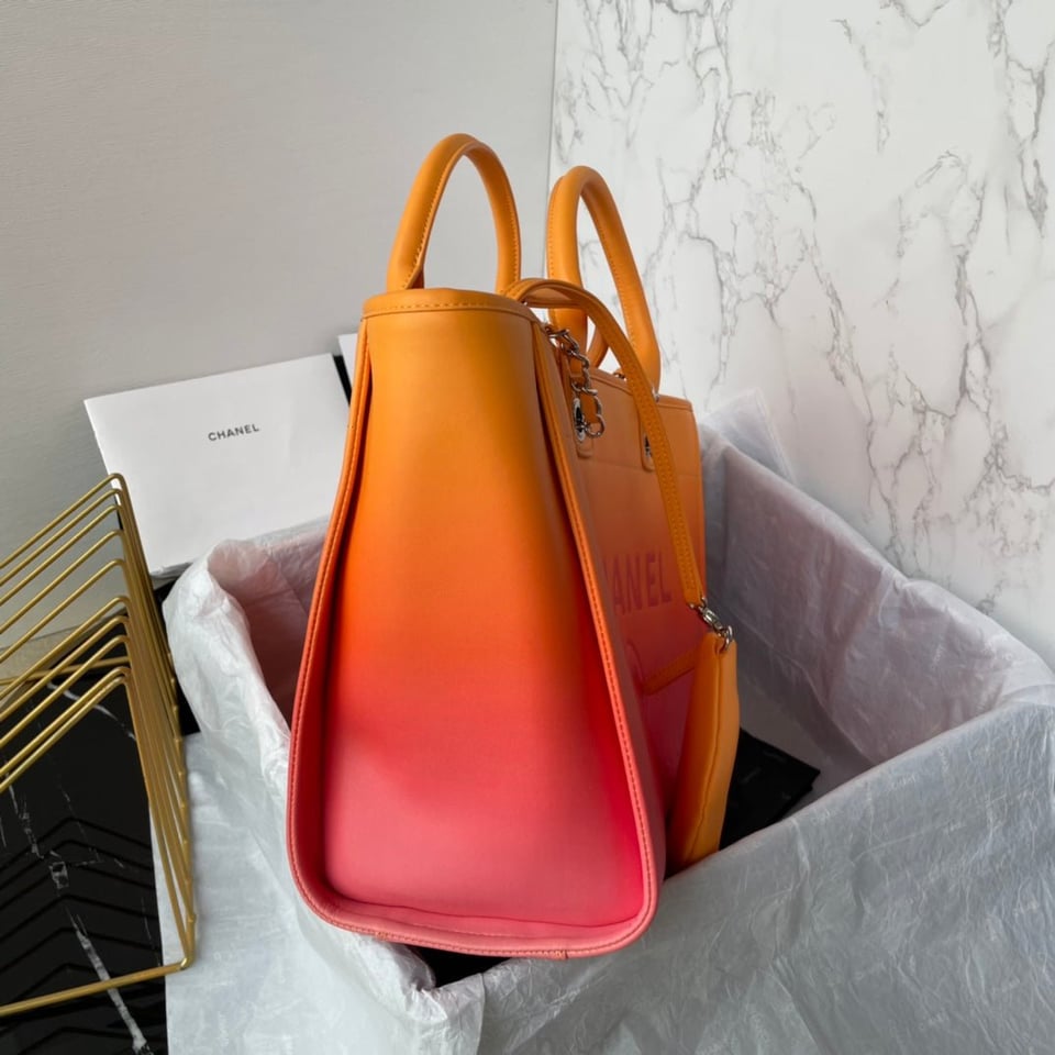 Chanel Shopping Bag 34Cm Orange Purple Calfskin Gold Hardware view 4