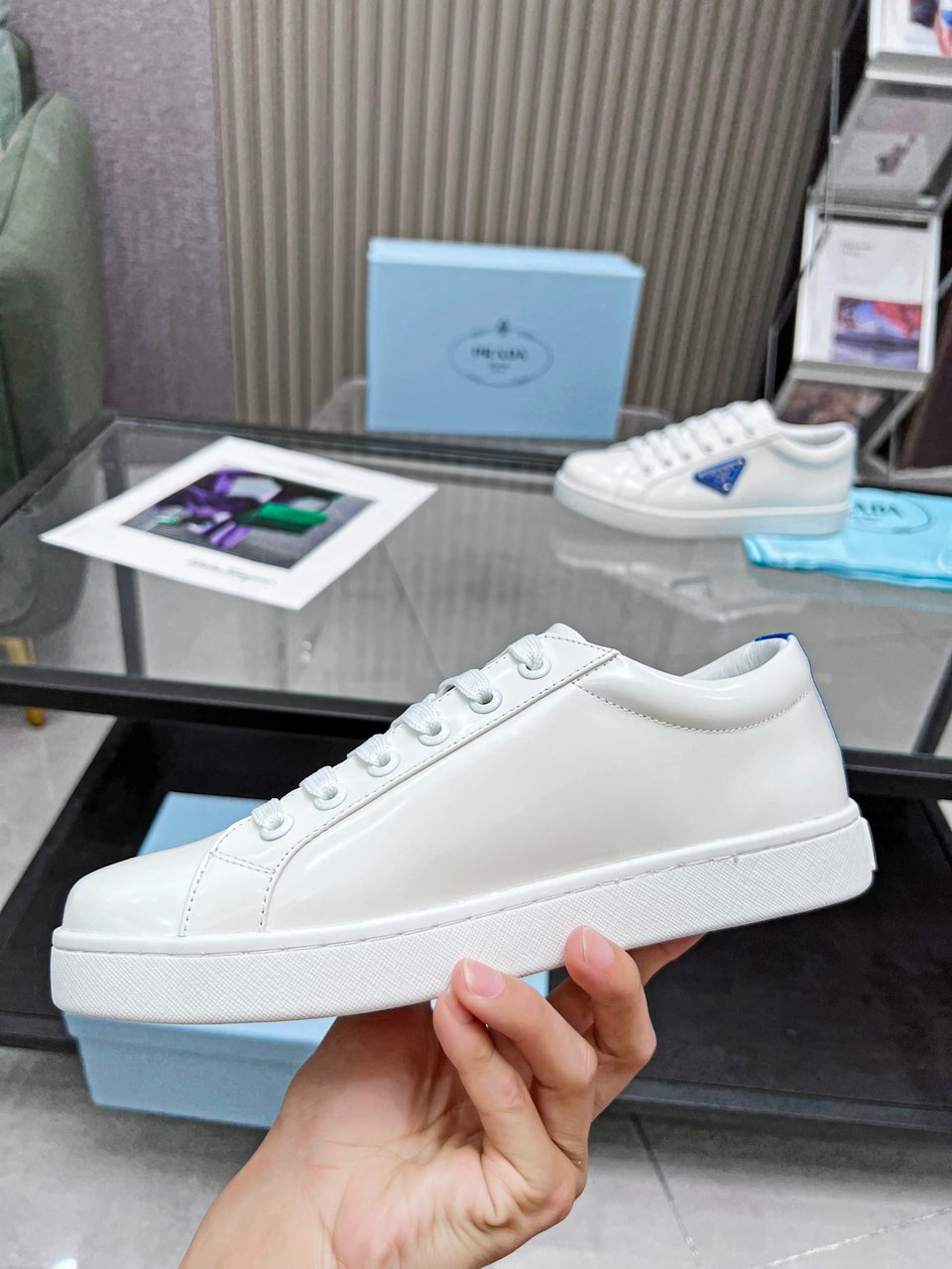 Prada Brushed Sneakers Leather White White Cobalt Blue view 6