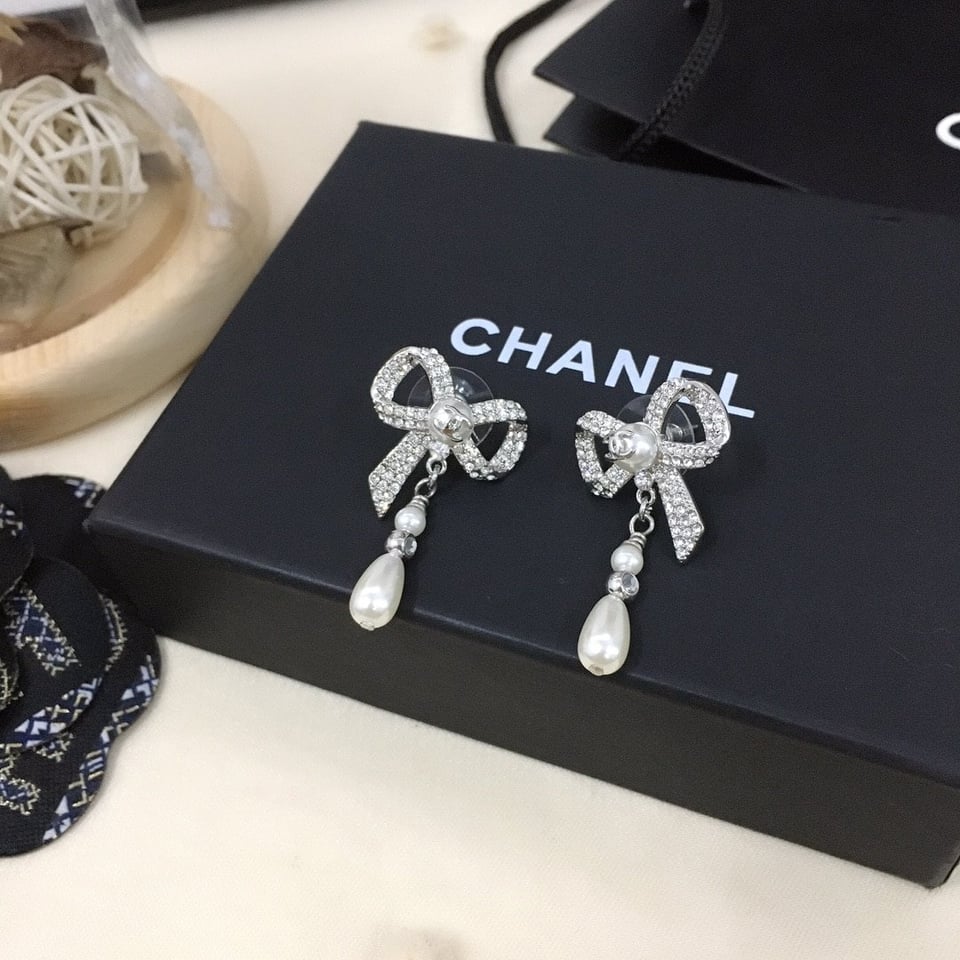 Chanel Bow Silver Pearl Earrings view 4