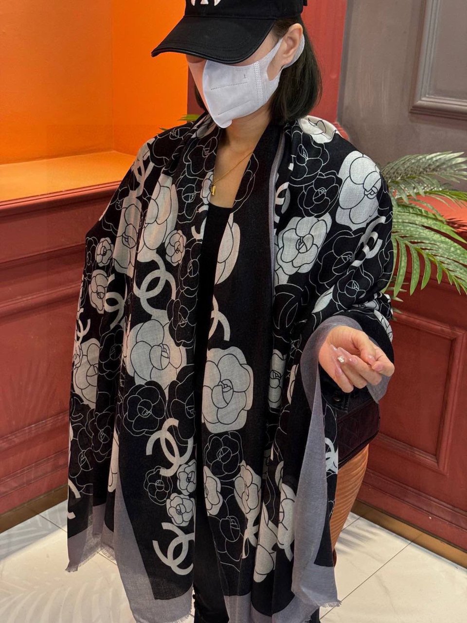 Chanel Silk Shawl Camellia Motif Black-Grey For Women 200cm view 7