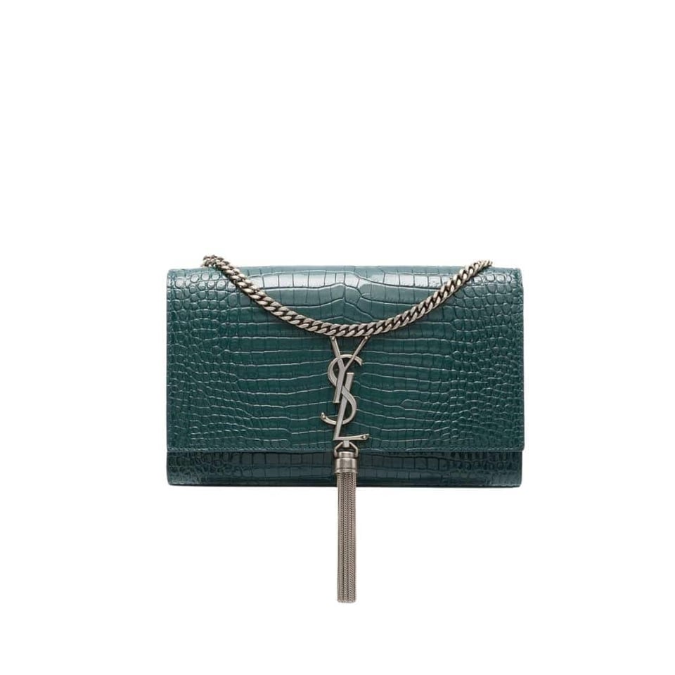 Saint Laurent Kate Tassel Medium Crocodile Embossed Leather With Silver Hardware Green 22Cm
