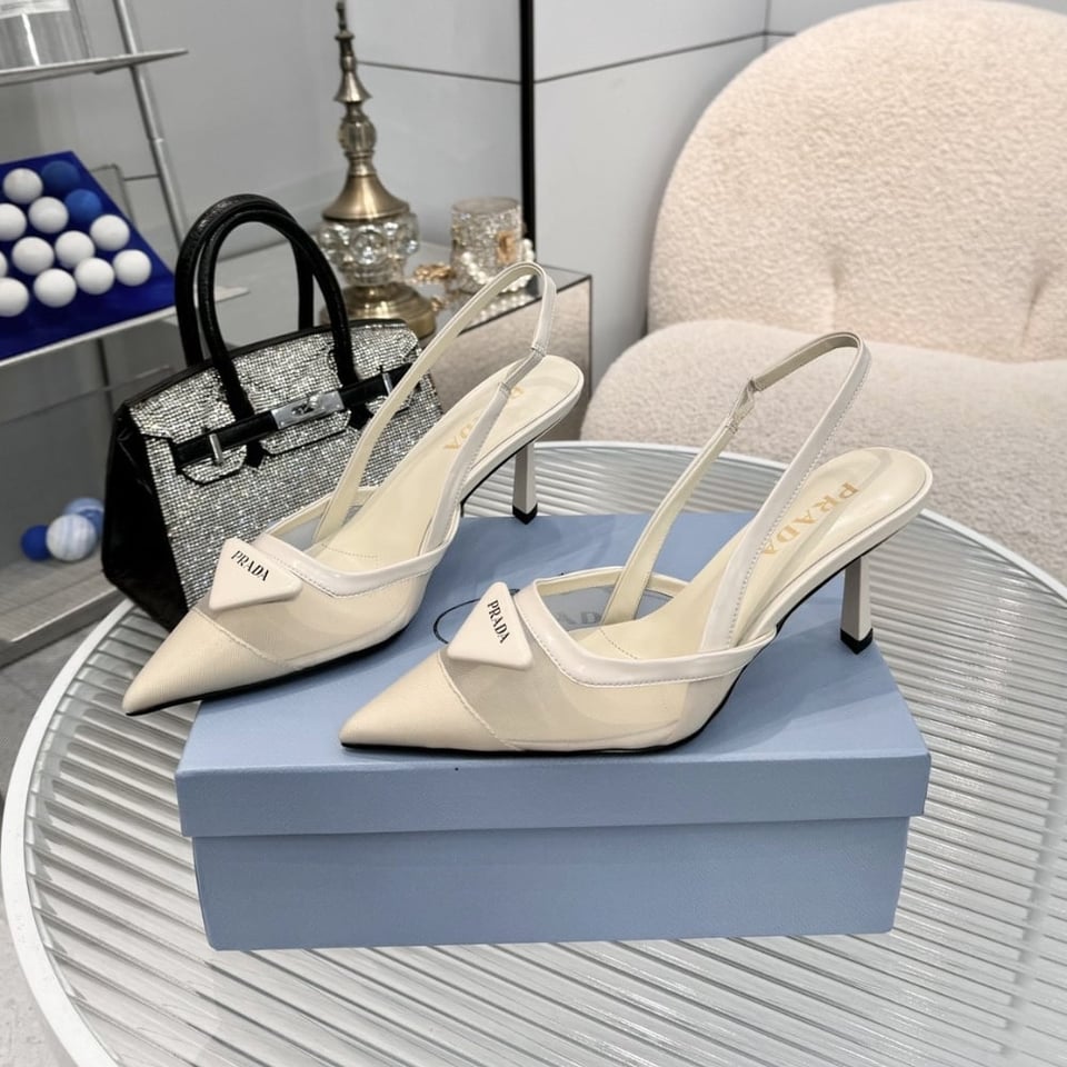 Prada Mesh Fabric Slingback Pumps White 1I891N 099 F0009 F 075 view 4