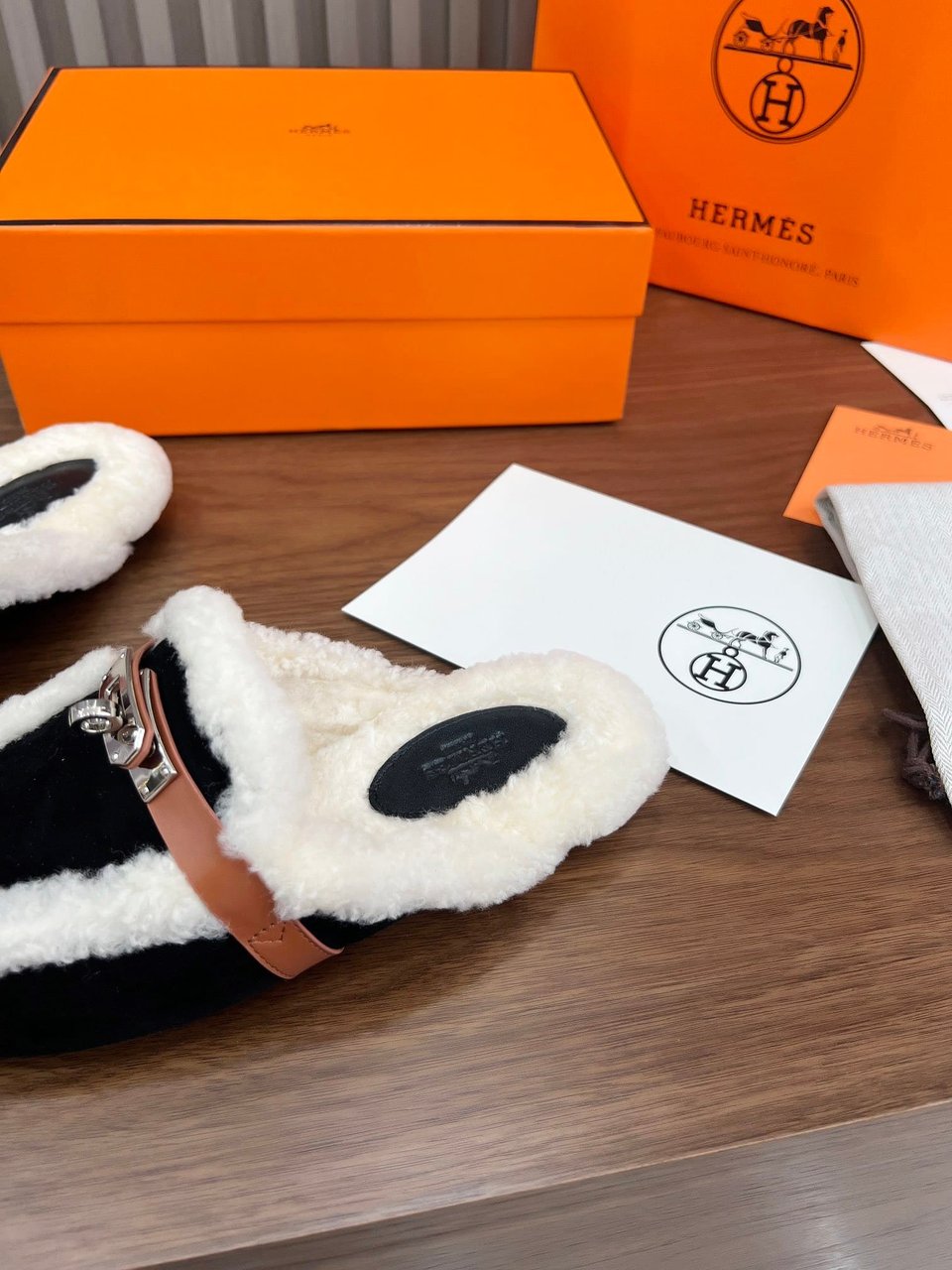 Hermes Oz Mule Shearling Black White view 9