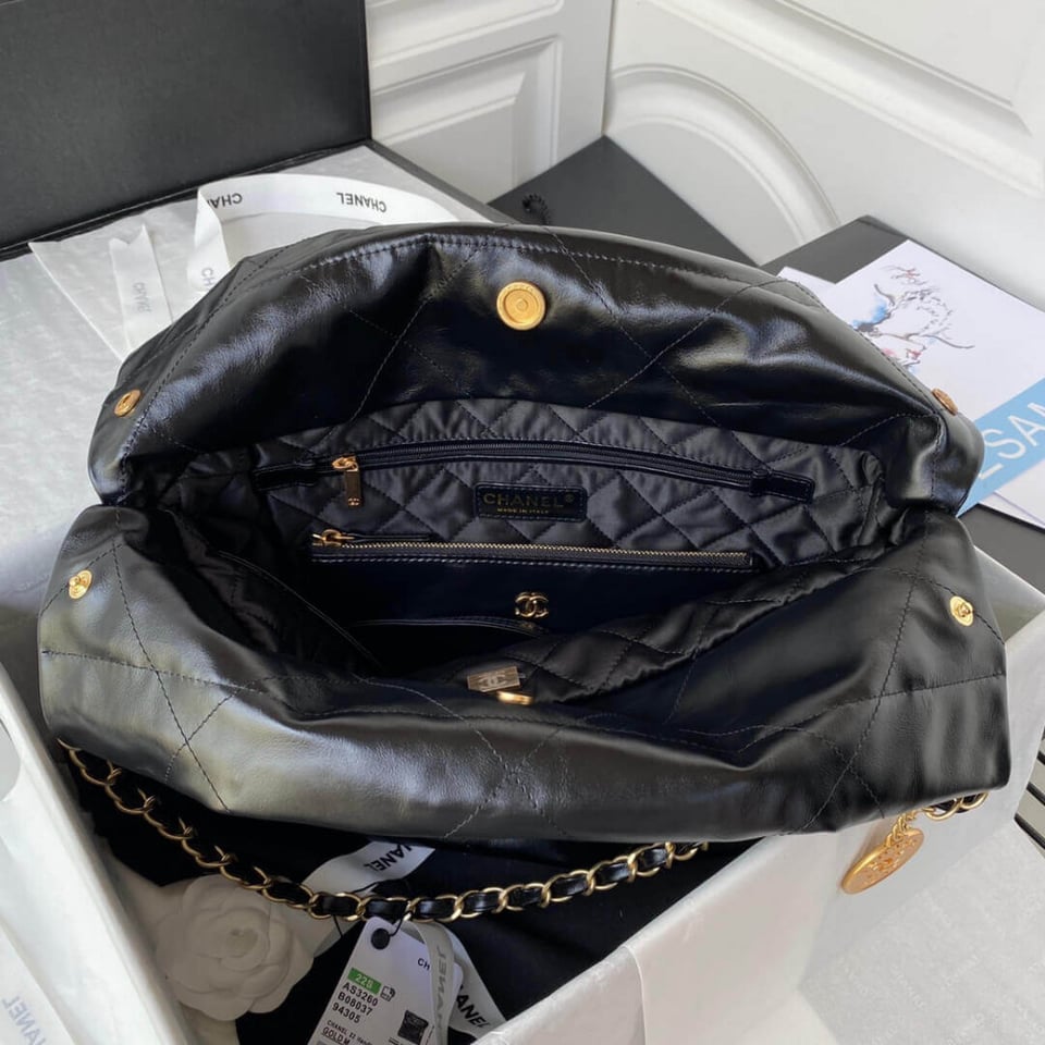 Chanel 22 Small Handbag Shiny Calfskin Black Gold view 9
