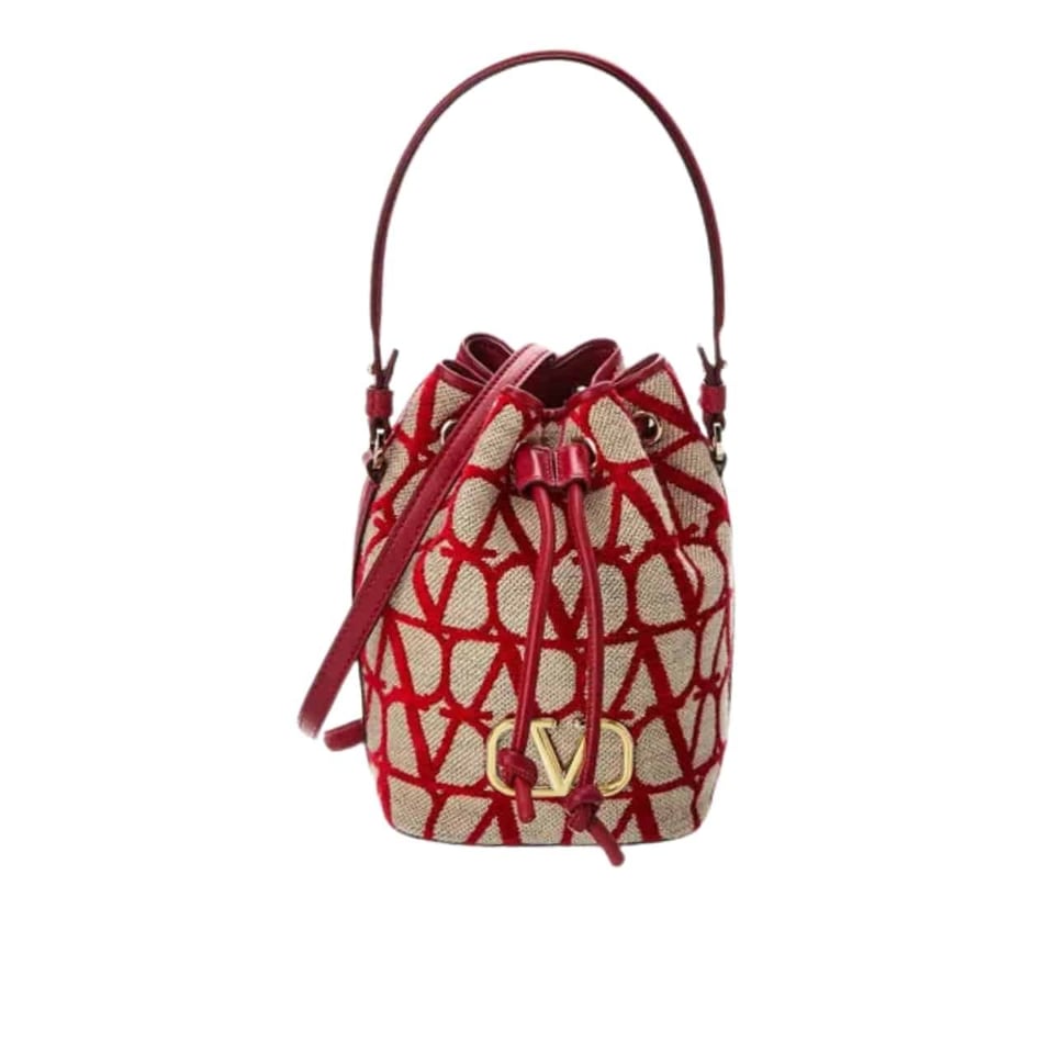 Valentino Mini Vlogo Signature Bucket Bag In Toile Iconographe Red 22Cm view 2