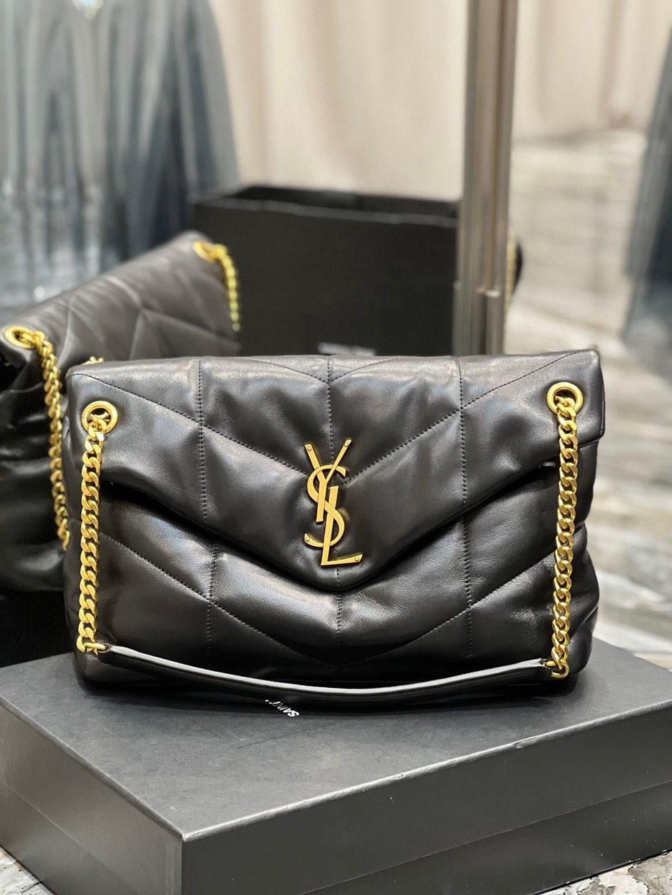 Saint Laurent Puffer Medium Chain Bag In Quilted Gold Toned Metal view 3