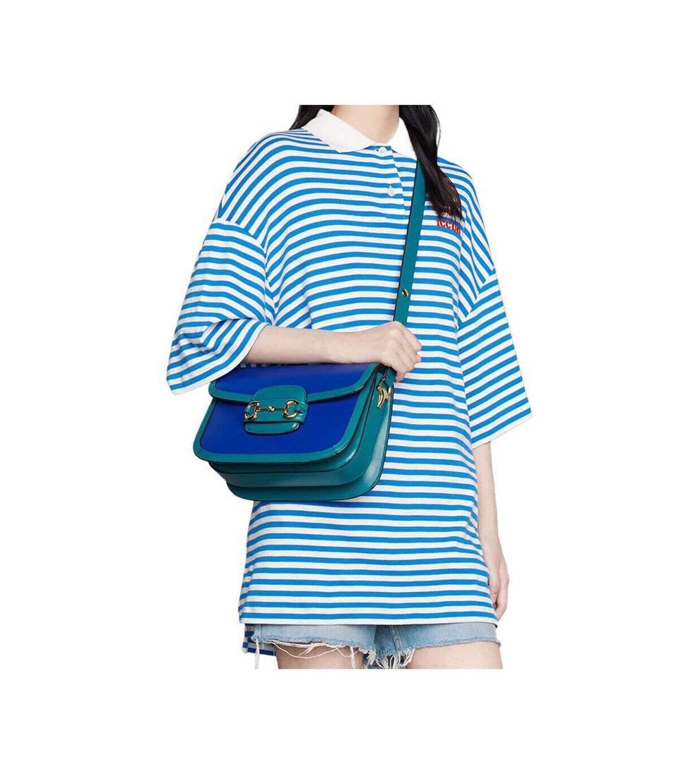 Gucci Horsebit 1955 Small Shoulder Bag Blue and Green Leather view 4