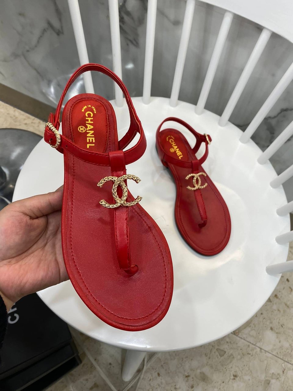 Chanel Gold Cc Logo Thong Sandals Wine Red view 5