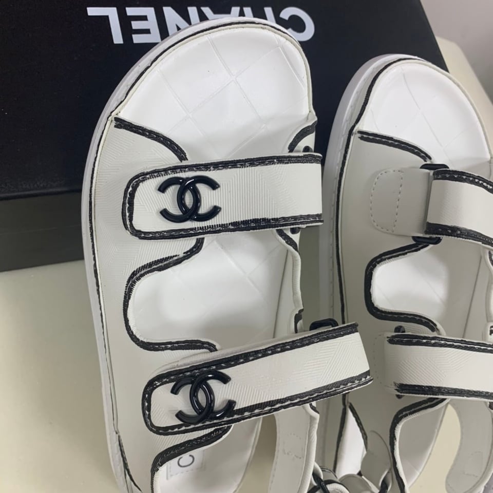 Chanel Calfskin Printed Velcro Dad Sandals White Black view 5
