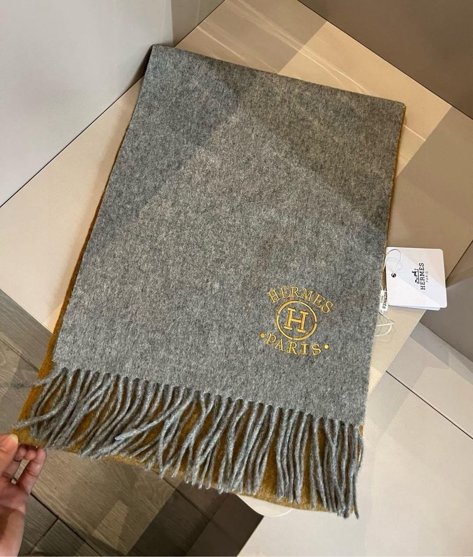 Hermes Cashmere Scarf Colorblock Brown Grey For Women 180cm view 6