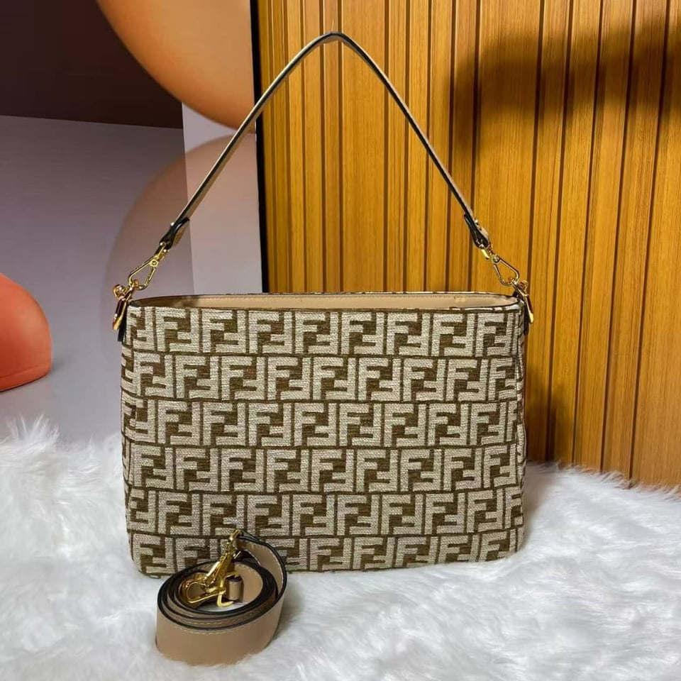 Fendi Olock Zip Dove Brown Tapestry Fabric Bag view 6
