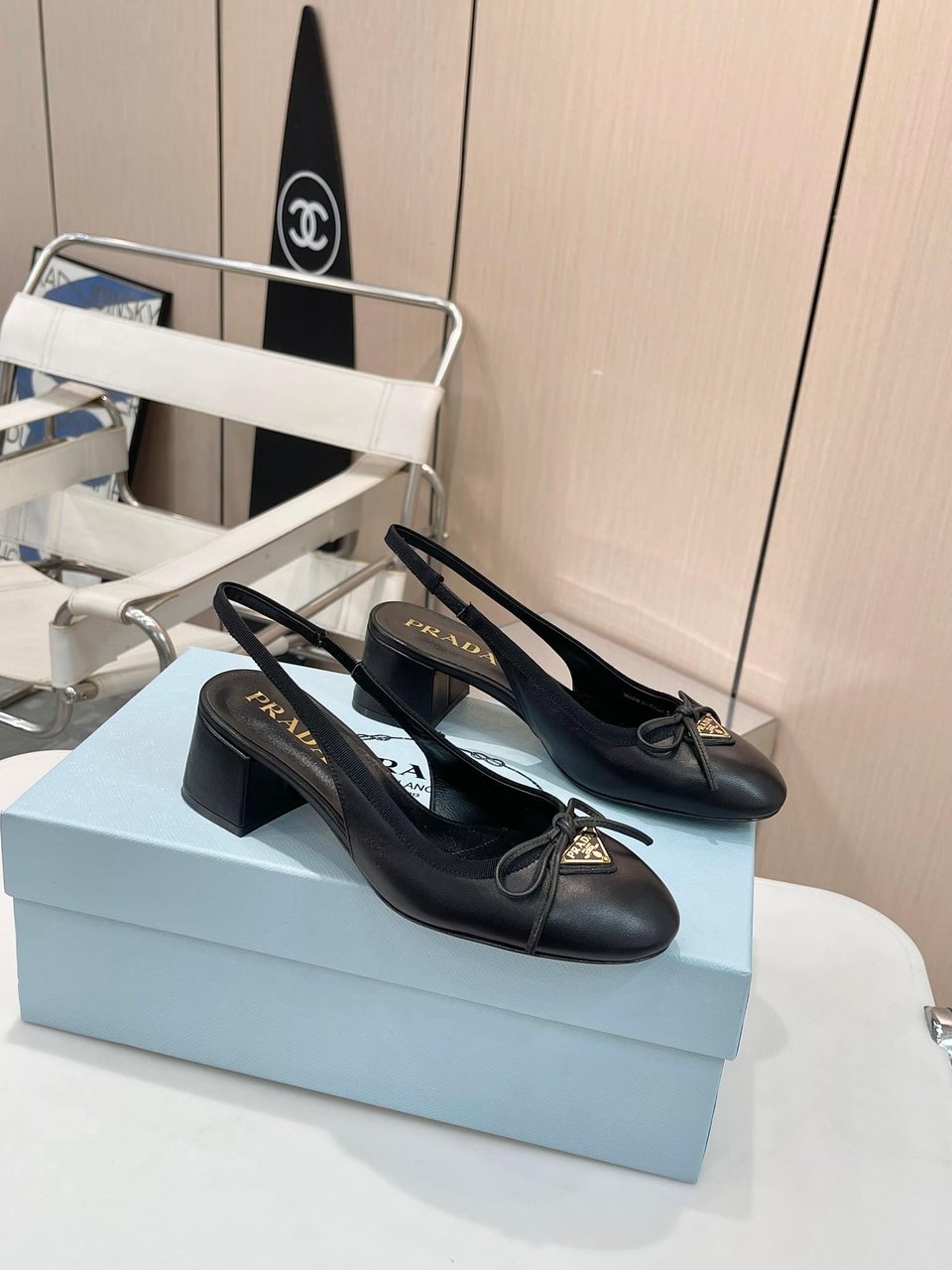 Prada Triangle Logo Bow Slingback Pump In Black view 4