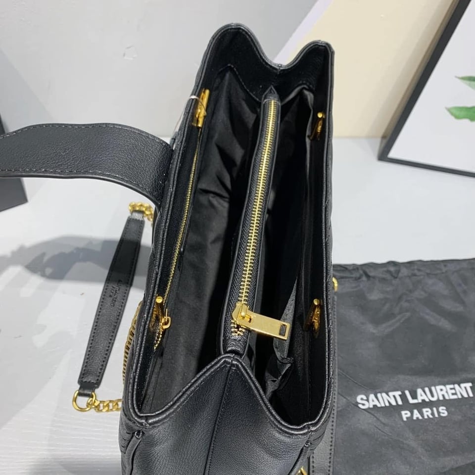 Saint Laurent Black Grain De Poudre Matelasse Chevron Monogram Shopping Bag Gold Hardware view 4